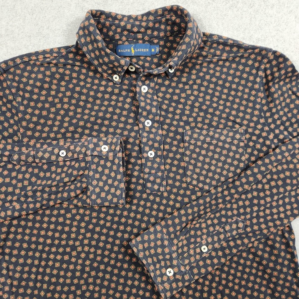 Polo Ralph Lauren Shirt Medium Blue Geometric Abstract Print Casual Pocket - Picture 1 of 11